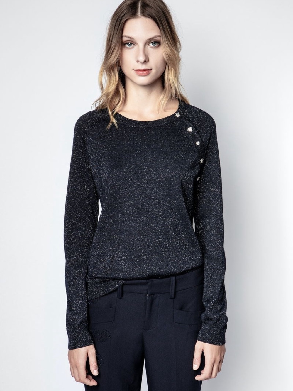 NWT Zadig & Voltaire Merino Wool Reglis Lurex Embellished Sweater, Navy Blue – S